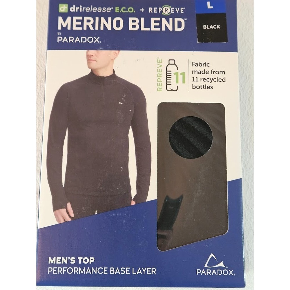 Paradox Men's 1/4 Zip Merino Blend Performance Base Layer Top, Black, Size L